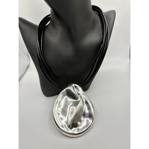 Large Chunky Silver Disc Pendant Cord Necklace Modernist Boho - Picture 1 of 3